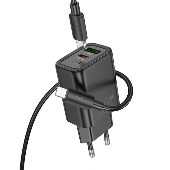 МЗП Hoco N63 Gentle PD30W+QC3.0 (1USB-A/1C) + кабель Type-C to Lightning Black | Зображення 1