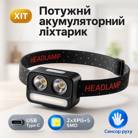 Ліхтар на голову з вбудованим акумулятором 2069-XPG+XPG+5SMD Motion sensor, Налобний ліхтар ZM-72