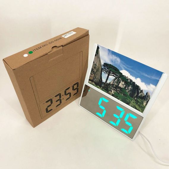 Электронные проводные настольные цифровые часы DS-6608 с фоторамкой, зелёная подсветка. SC-946 Цвет: белый | Зображення 7
