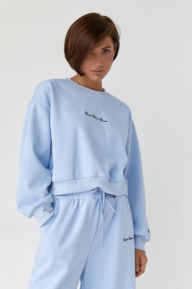 Спортивний костюм із плюшевим начісом з коротким світшотом та штанами палаццо - блакитний цвет, S/M (є розміри) | Зображення 2