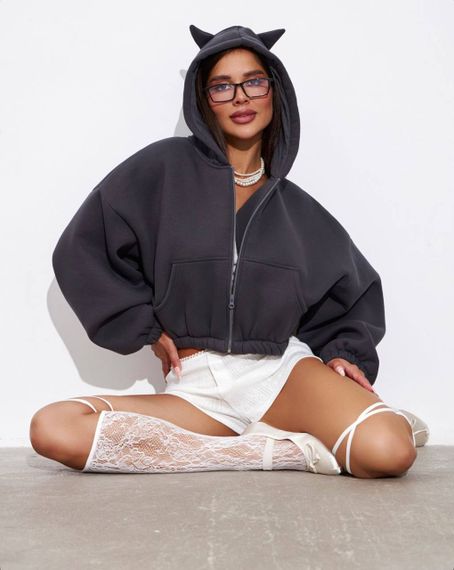 Женское теплое укороченное худи на флисе с рожками LU607, цвет темно-серый (графит), размер 46/48 | Зображення 6