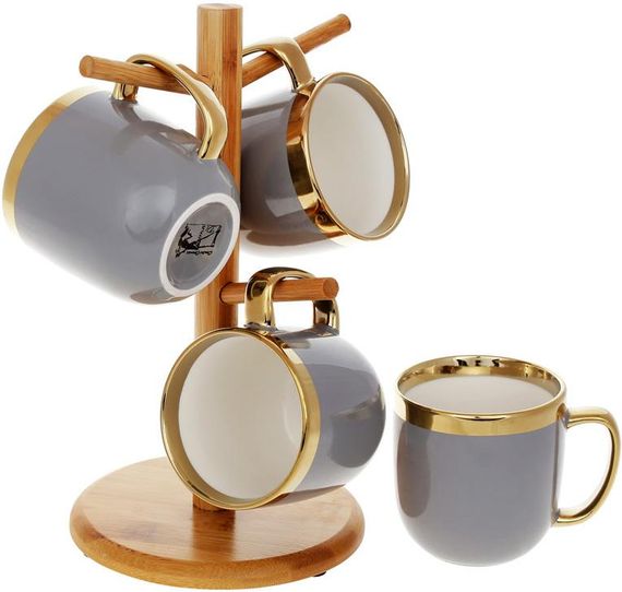 Чайний набір "Золота Лінія" 4 кружки 320мл на бамбуковій стійці, сірий