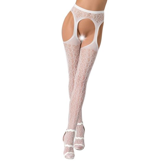 Мереживні колготки-бодістокінги Passion S014 One Size, White, імітація панчіх та пояса з гартерами