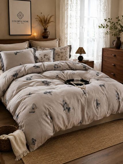 Постельное белье семейное с текстурой льна и с простыню на резинке Colorful Home Print 2 22021 150х210х2 см