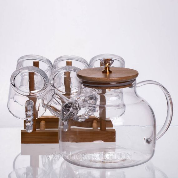 Чайний сервіз із товстого скла 8 предметів з бамбуковою підставкою для чашок 64486-23 | Зображення 4