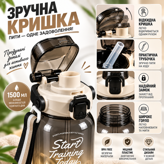 Спортивная бутылка для воды START TRAINING 1500 мл с ручкой и трубочкой - черная, большая фитнес-бутылка 1,5 л | Зображення 6