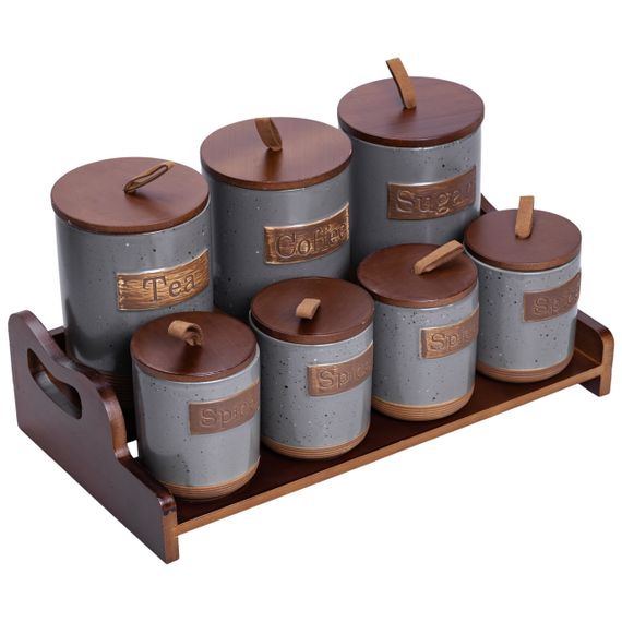 Банки для сипучих продуктів набір 9 штук на бамбуковій підставці з кришками 36.5×20.5×22 см Сірий HP-26-2G | Зображення 4
