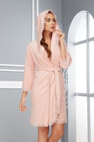 Женский махровый халат Nusa 0345 с капюшоном, декорированный кружевом, пудровый XL