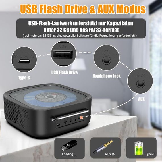 CD-плеєр портативний, програвач компакт-дисків з Bluetooth FM-радіо, стереодинаміками, пультом з акумулятором 3000 мАгод | Зображення 6