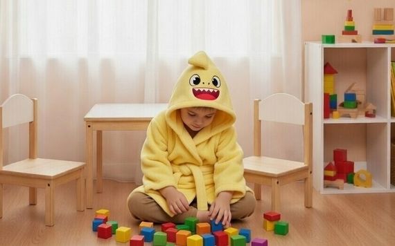 Халат дитячий з капюшоном натуральний махровий з вишивкою акульонок BABY SHARK жовтий 092