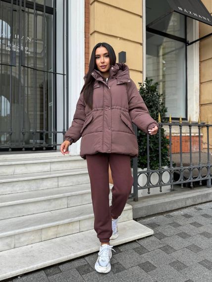 Женская теплая зимняя куртка на кулиске с капюшоном NB24035 цвет коричневый размер 42/44