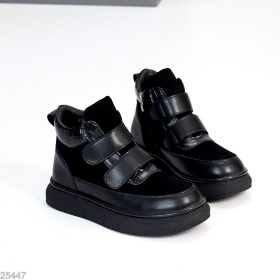 Крутые спортивные зимние черные ботинки натуралки на липучках | Зображення 1