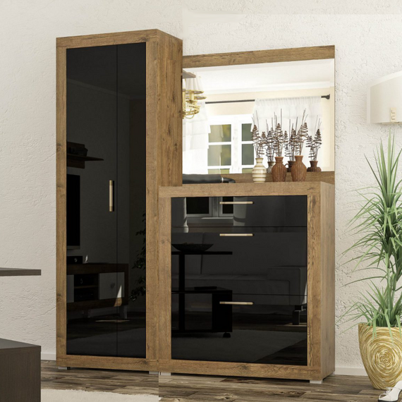 Модульная прихожая Парма со шкафом и зеркалом (комплект ШТ 158 см) Mebelservice Дуб Април, Черный глянец