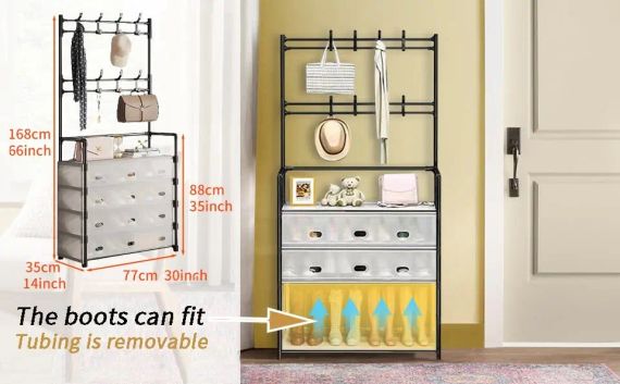 NEW Залізна вішалка для одягу + підставка для взуття, 2 в одному, 4 полиці Бежева | Зображення 8