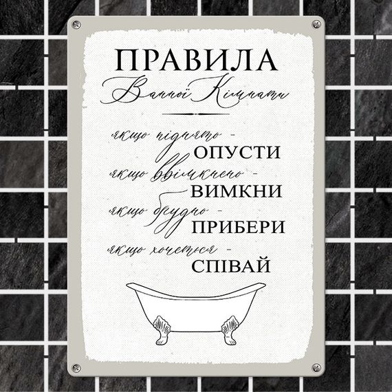 Металева табличка Правила ванної кімнати 26х18,5 см (MET_20J011_WH)