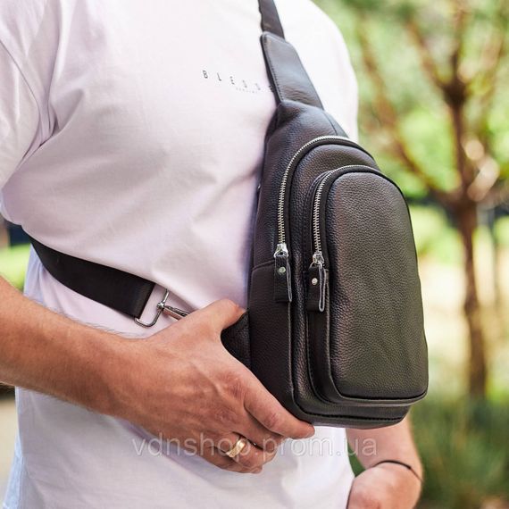 Мужской слинг кожаный 32х18х8, сумка рюкзак на плечо зернистая, бананка для документов23242 черная | Зображення 9