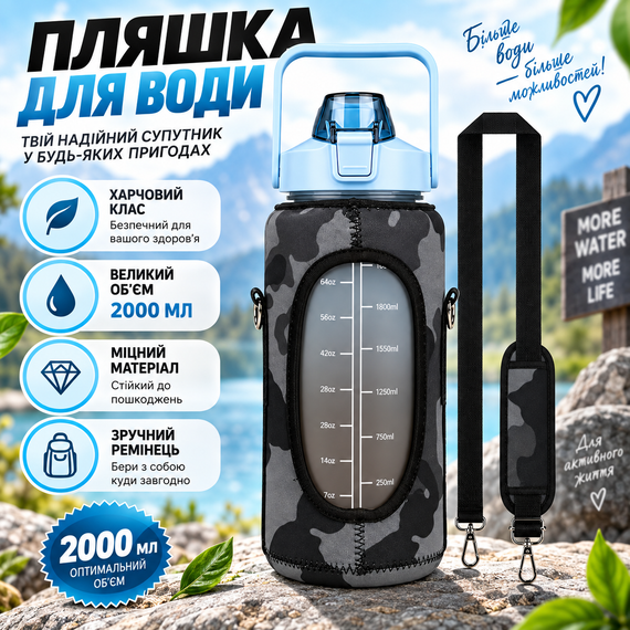 Спортивная бутылка для воды XL 2000 мл (2 л) с соломинкой, защитным камуфляжным чехлом и ремешком - Голубая | Зображення 2