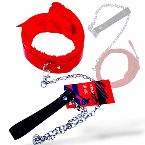 Мягкий красный ошейник "Love leash" с цепочкой-поводком и удобным черным держателем  Экокожа-металл sexstyle | Зображення 1
