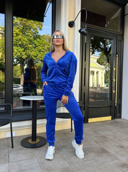 Женский спортивный велюровый костюм на молнии с капюшоном штаны на манжете цвет синий размер 46/48 Mon2052