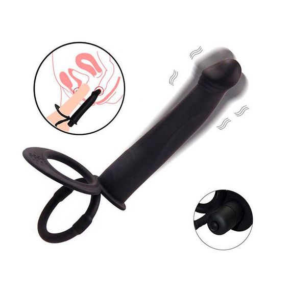 Ерекційне кільце з вібрацією та фалоімітатором для подвійного проникнення, чорний