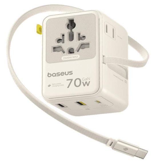 Мережевий універсальний перехідник Baseus CG11 70W with retractable cable (2USB-A/3C/1Socket) (E0307E) Off-White