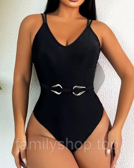Цельный слитный женский купальник на тонких бретелях с поясом, Mbk262, цвет черный, размер L | Зображення 4