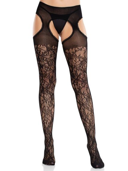 Колготки Leg Avenue Cross Hatch Floral Lace Suspender Hose One Size sexstyle | Зображення 1