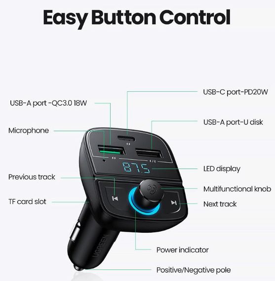 FM трансмиттер модулятор Ugreen CD229 Bluetooth 5.0 Автомобильное зарядное устройство Черный | Зображення 4
