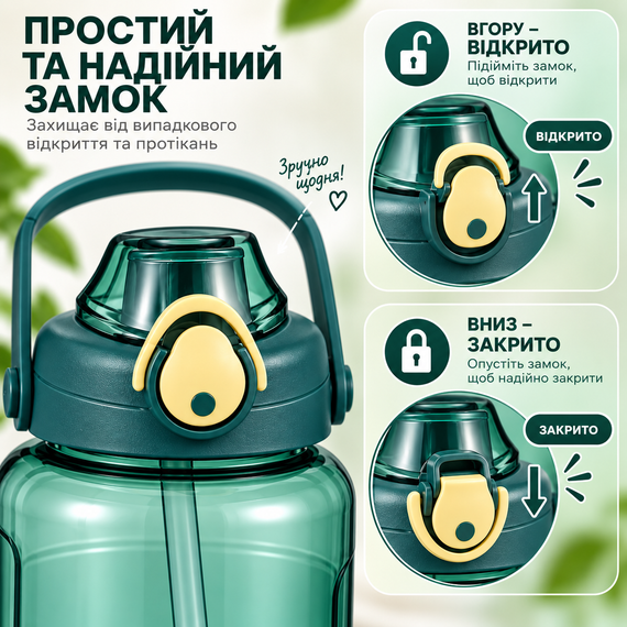 Пластикова спортивна пляшка 2000 мл Keepon з герметичною кришкою та зручною ручкою широким горлом та соломинкою Зелена | Зображення 3