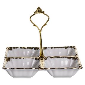 Менажниця порцелянова на 4 секції для закусок тарілка менажниця 18×18×3 (см) менажниця з ручкою Білий з золотом LC-BYL-100