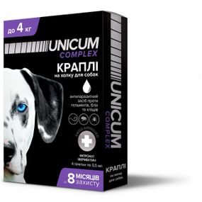 Капли от блох, клещей и глистов для собак до 4 кг Unicum Complex, 4 пип