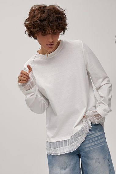 Вільний лонгслів з рюшами - молочний цвет, ONE SIZE (є розміри)