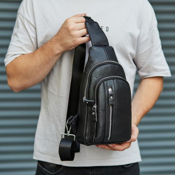 Сумка-слінг чоловіча шкіряна на одне плече чорна 74521 | Зображення 4