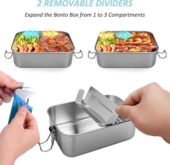 Ланч-бокс з нержавіючої сталі 1400 мл герметичний, з 2 знімними перегородками відділеннями, лоток судок контейнер для роботи школи | Зображення 3