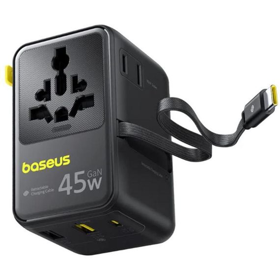 Мережевий універсальний перехідник Baseus AG11 45W with retractable cable (2USB-A/1C/1Socket) (E0307F) Cosmic Black | Зображення 3