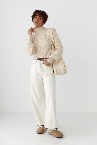 Короткий в’язаний светр з косичками - бежевий цвет, ONE SIZE (є розміри) | Зображення 2