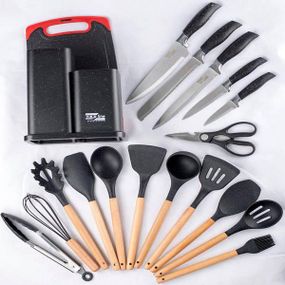 Набір ножів та кухонного начиння з обробною дошкою 19 предметів Zepline ZP-067 Чорний