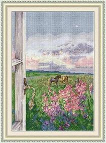 Набор для вышивания по нанесённой на канву схеме "Flowers and Horses in the Windo". AIDA 14CT printed 32*44 см