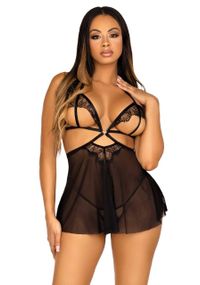 Сорочка беби-долл с открытыми чашками Leg Avenue Lace and mesh babydoll & panty Black L, стринги Sex Aura
