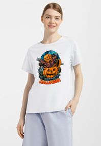 Футболка жіноча біла з принтом "Пугало та гарбуз", M