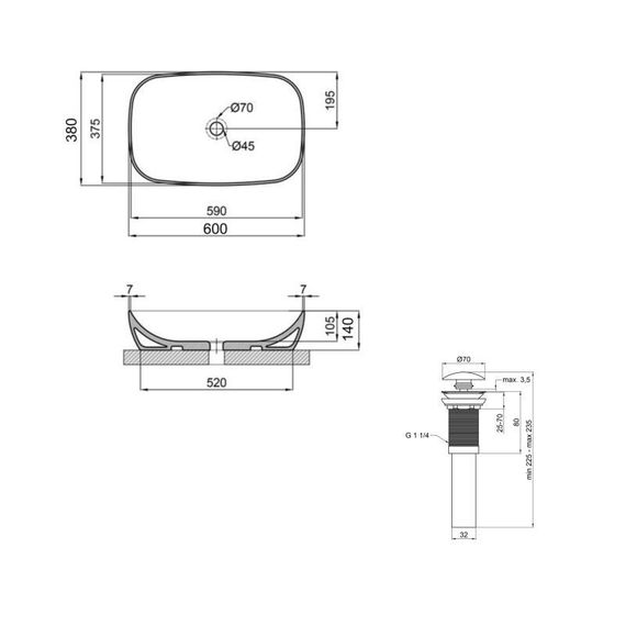 Комплект Qtap Cardinal: Раковина накладна 600x380x140 мм, White, овальна + Донний клапан Pop-up PU02 | Зображення 1