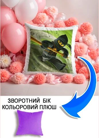 Подушка плюшева Мерч Крафт Дизайн з принтом Ninjago 4 бузковий плюш квадратна 33х33 см