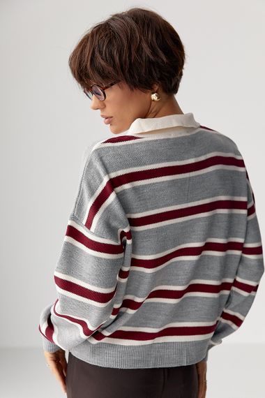 Кофта-поло у смужку вільного фасону - сірий цвет, ONE SIZE (є розміри) | Зображення 1