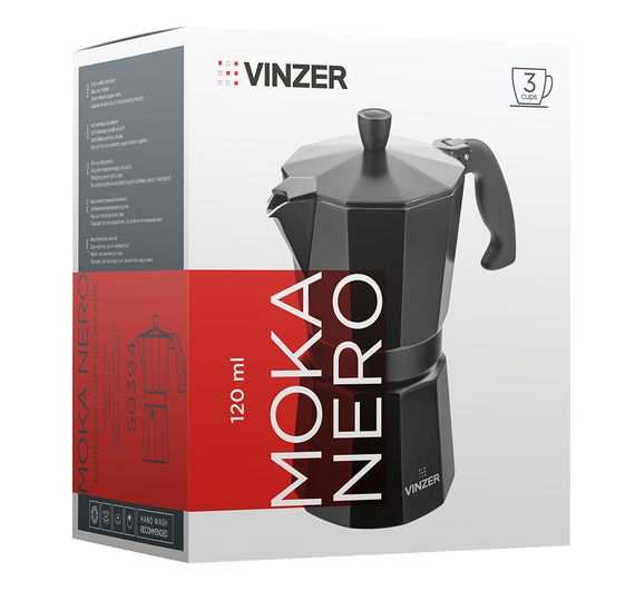 Кофеварка гейзерная алюминиевая Vinzer Moka Nero 50394, на 3 чашки, для дома и офиса | Зображення 2