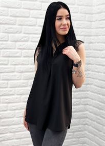 Женская легкая летняя удлиненная блуза с кружевом GF04171 цвет черный, размер 48