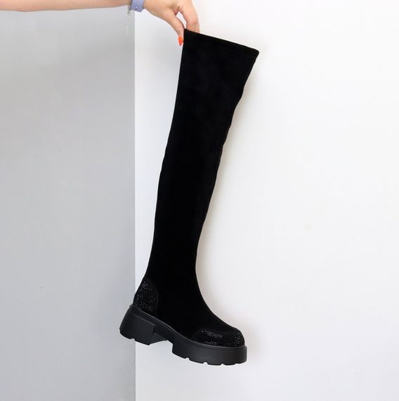 Ультра модні чорні ботфорти замшеві декор стрази на тракторній підошві | Зображення 4