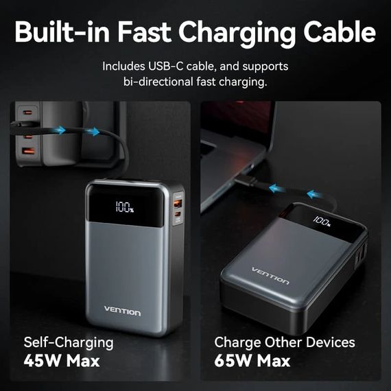 УМБ Vention 20000mAh 65W 3A PD,QC3.0,USB-A,1хType-C OUT,with Built-in USB-C Cable, LED Display,Black | Зображення 3