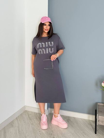 Женское платье-футболка длинное с коротким рукавом, больших и батальных размеров IS873, цвет серый, размер 54/56 | Зображення 3
