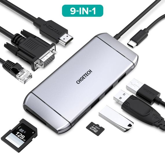 Адаптер Choetech HUB-M15-GY, USB Type-C 9-в-1 | Зображення 1