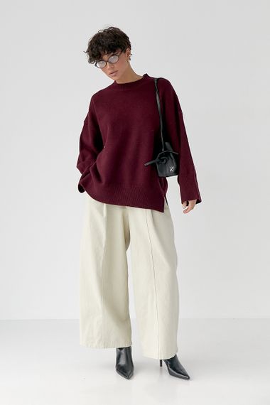 Вільний в'язаний джемпер із розрізами - бордо цвет, ONE SIZE (є розміри) | Зображення 2